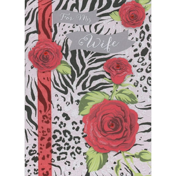 Designer Greetings Four Die Cut 3D Tip On Red Roses, Gems and Ribbon on White and Black Leopard Print Hand Decorated Valentine's Day Card for Wife