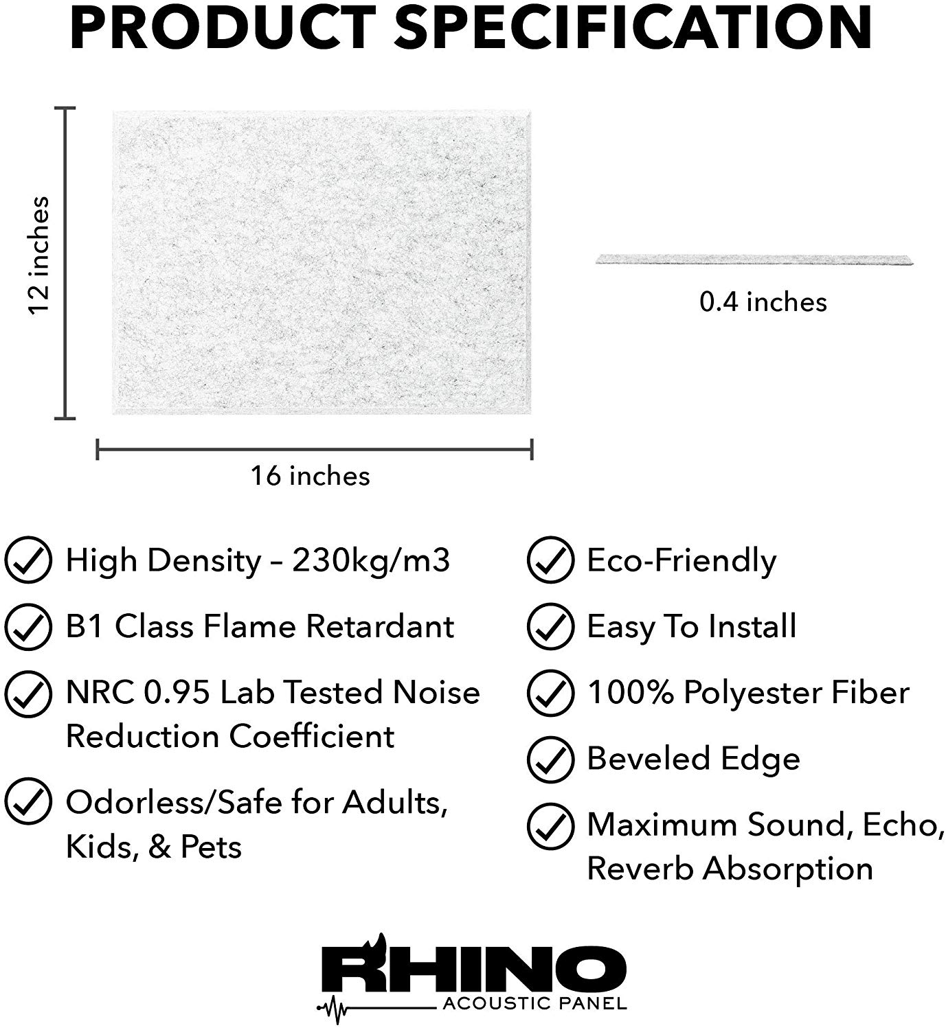 RHINO Acoustic Panel Silver 16" x 12" x 0.4" Thick NRC Sound Bass Isolation 6 Pieces Beveled Edges