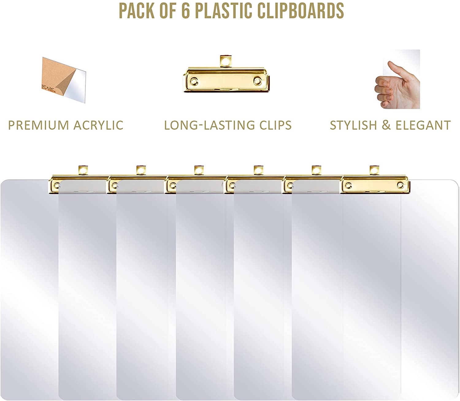 PERFORMORE 6 Pack of Plastic Clipboards, 12” x 9” Clear Acrylic Clipboards with Gold Clip, Durable Stylish Clipboard with Low Profile Clip, Perfect for Home School Classroom Office Events Seminars