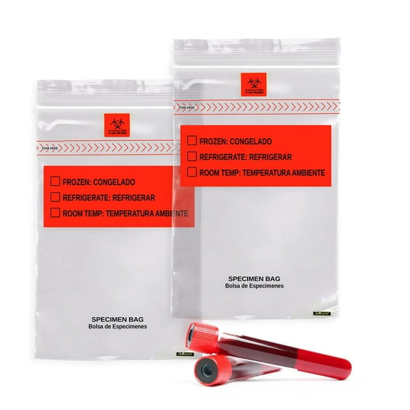 Pack of 1000 Specimen Transfer Bags 6 x 9. Low density polyethylene Printed Bags 6x9. Clear Plastic Bags 1.75 mil for Health needs. Great for Infirmaries. Removable Biohazard Symbol