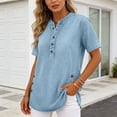 thumbnail image 5 of Women's Summer Denim Blouse V Neck Button Down 3/4 Sleeve Shirt Side Split Jean Blouse Casual Elegant Loose Tops Daily Vacation Party Tops for Ladies, 5 of 6