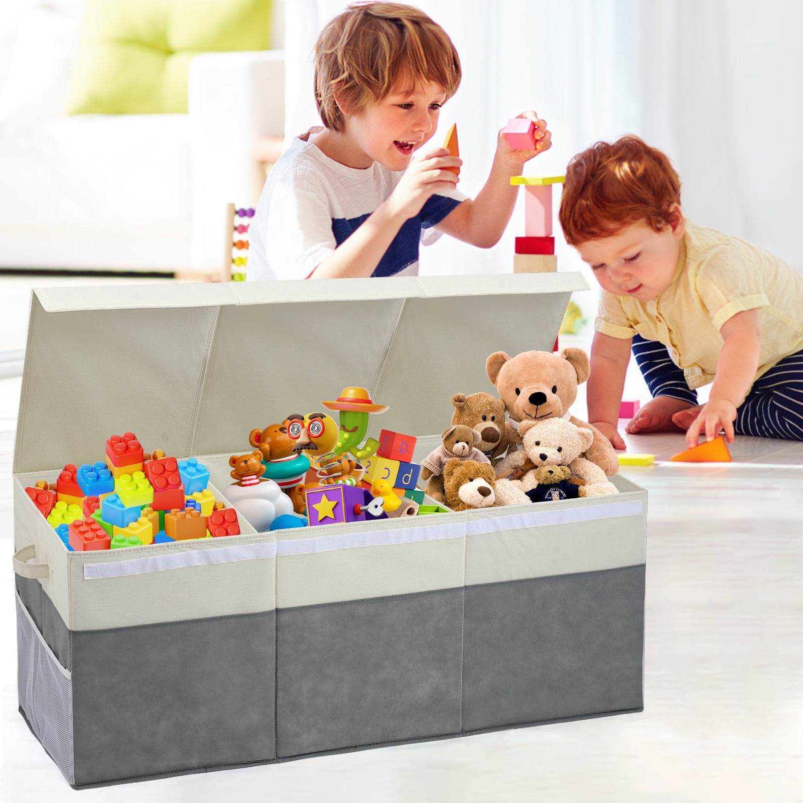 FIIOEOY Extra Large Collapsible Toy Storage Box with Lid, Divider & Mesh Pockets, 40”x14”x16”, White & Gray