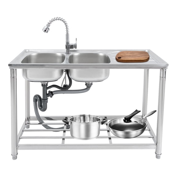 Miumaeov 2 Bowls Free Standing Utility Prep Table Stainless Steel Kitchen Sink with Pull-out Faucet