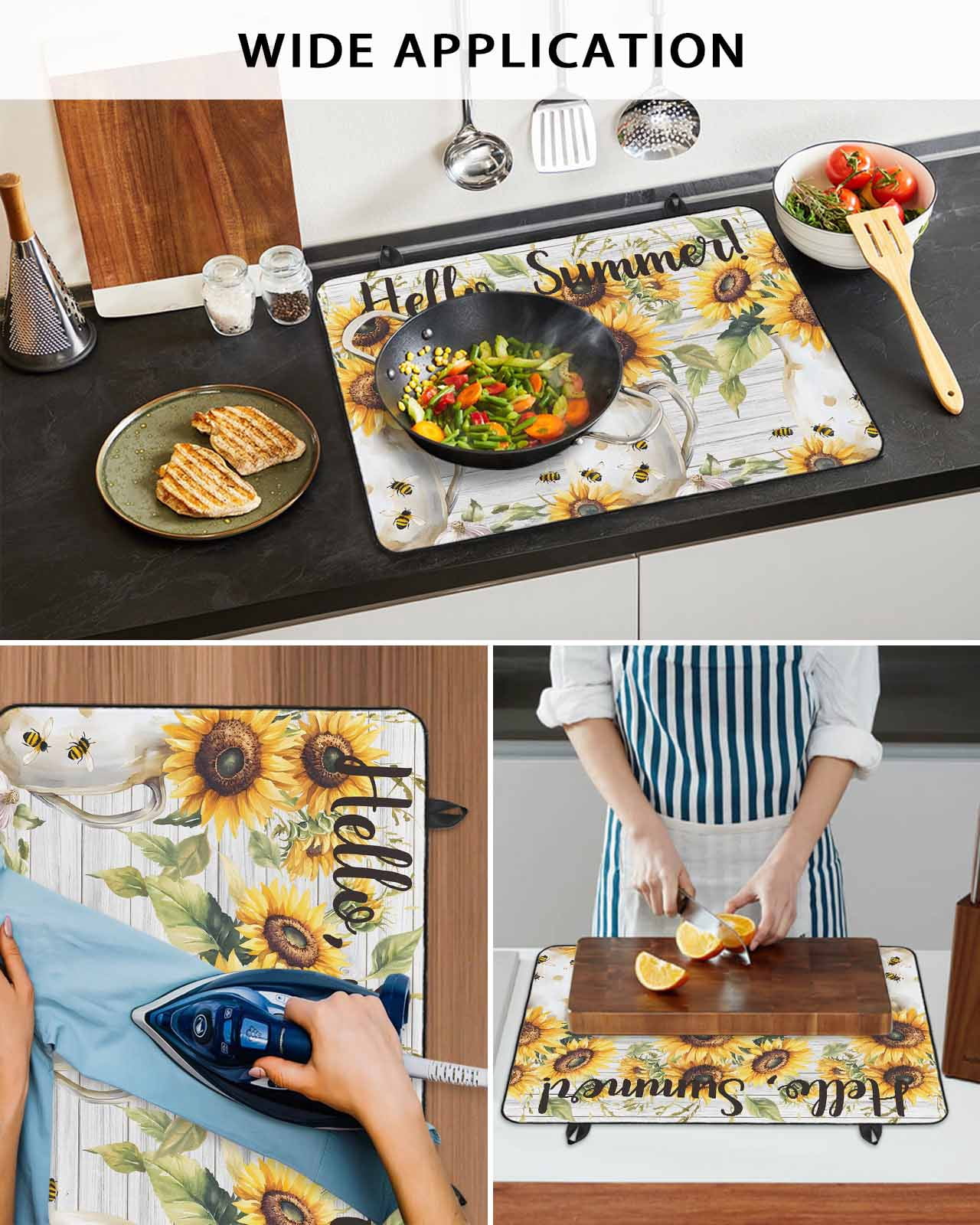 nqOlkjepod Large Induction Cooktop Protector Mat 24"x21", Sunflower Stove Top Covers for Electric Stove, Summer Bee Wildflower Vintage Grey Wood Grain Stove Burner Cover Mats, Glass Top Stove Cover