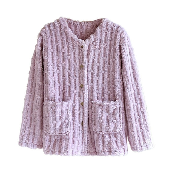LIaqionyy Womens Plush Sleepwear Button down Long Sleeve Warm Pajama Tops Flannel Jackets with Pockets