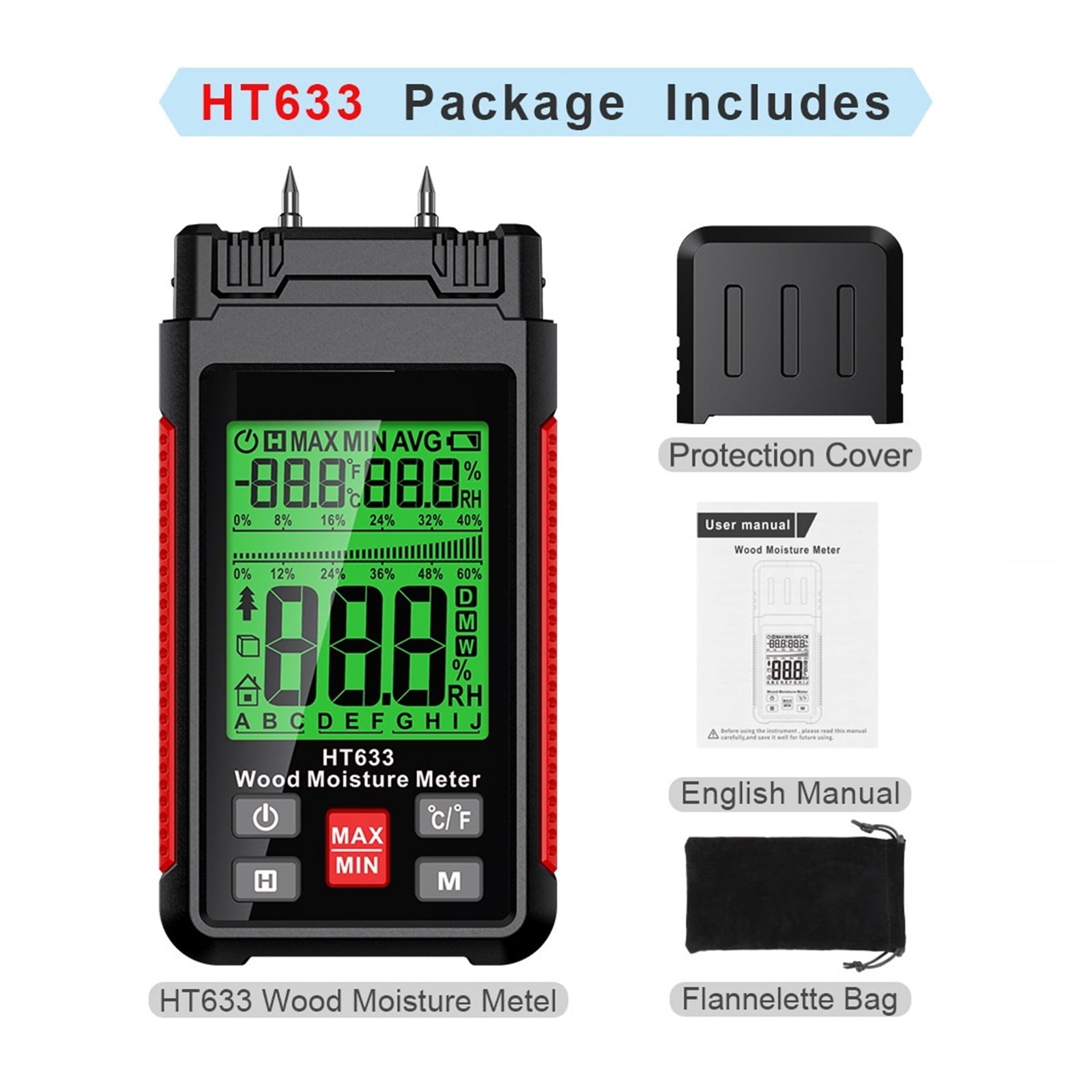 HT633 Digital Moisture Meter Wood Humidity Tester Hygrometer 0~57% Timber Damp Detector LCD Display ,Easy to Operate