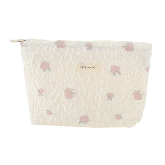 Unique Bargains 1 Pc Portable Embroidery Rose Makeup Bag Polyester Beige Large