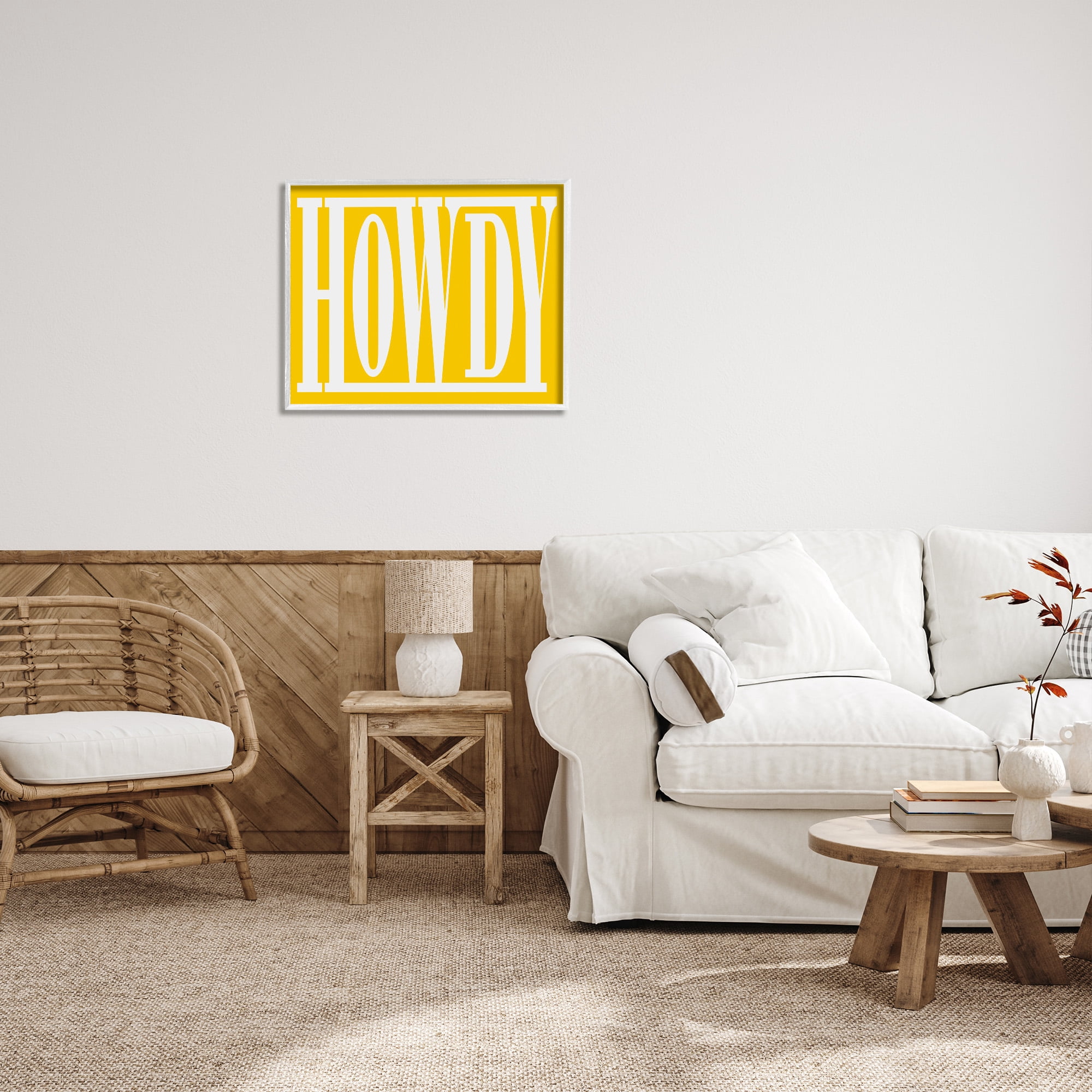 Stupell Industries Howdy Phrase on Yellow Typography Painting White Framed Art Print Wall Art, 30 x 24