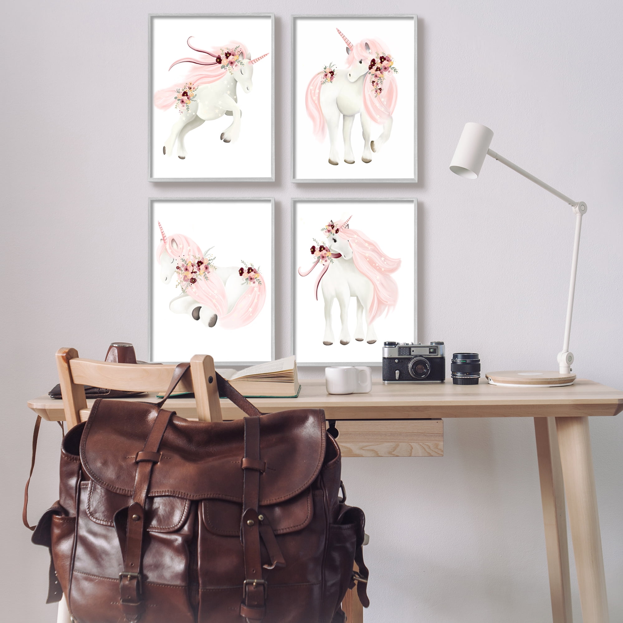 Stupell Industries Pastel Pink Unicorns Fairy Tales & Fantasy Painting Gray Framed Art Print Wall Art, 16 x 20