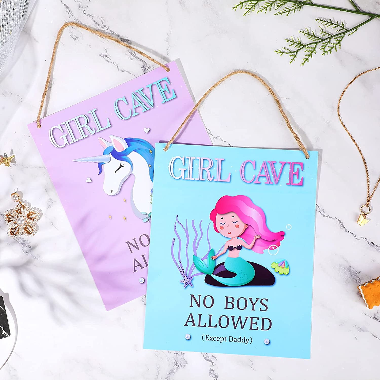 8 x 10 Inch 2 Pieces Girl Cave Sign No Boys Allowed Except Dad Sign Little Mermaid Baby Girl Room Decor Cute Unicorn Wall Decor for Girls Bedroom