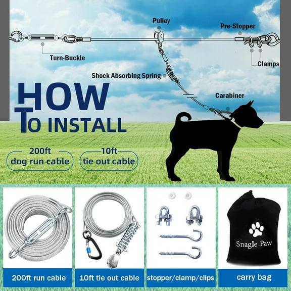 Heavy Duty Dog Tie Out Runner for Yard, Trolley System with 200ft Cable and 10ft Pulley Runner Line for Large Dogs Up to 250lbs