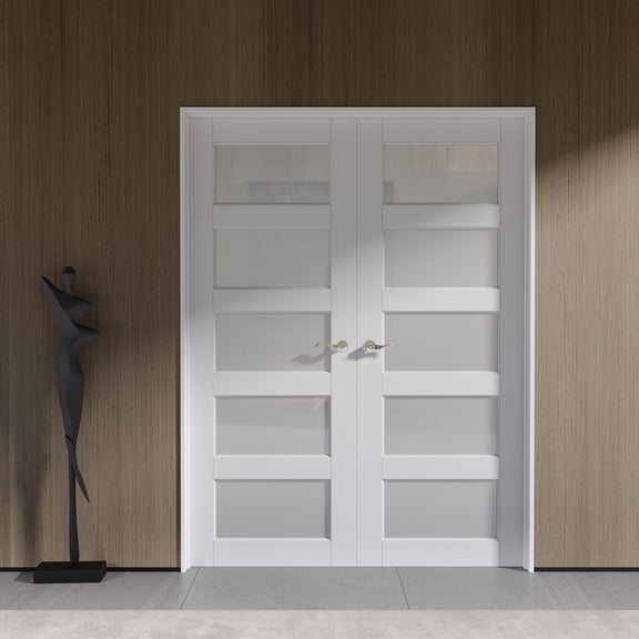 48" X 80" French Doors 5-Lite Frosted Glass Solid Core Interior Pantry Door With Hardware Kit