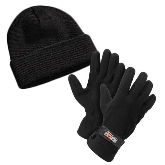 Lightweight Hat and Sport Fleece Lined Adjustable Warm Winter Black Gloves (Hat & Gloves)