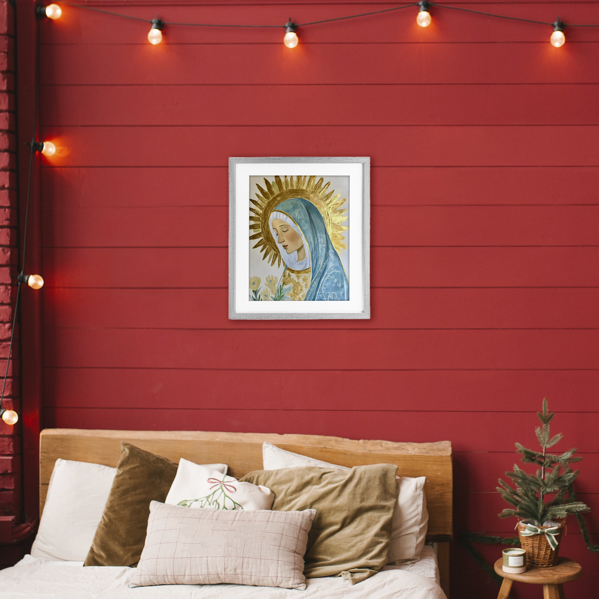 Holy Mary In Gold Gray Framed Print Under Glass, design by Franklyn Gregory