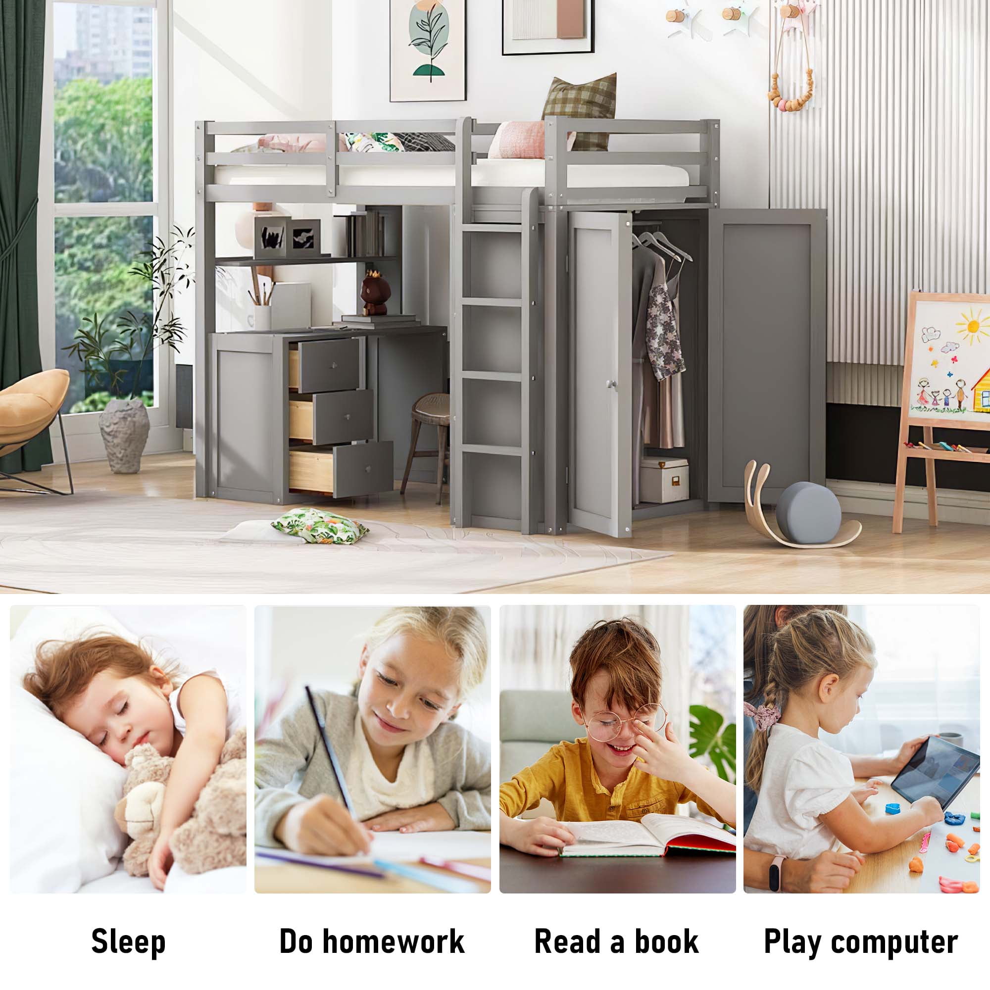 Aukfa Kids Modern Wood Twin Size Loft Bed with Drawers Gray