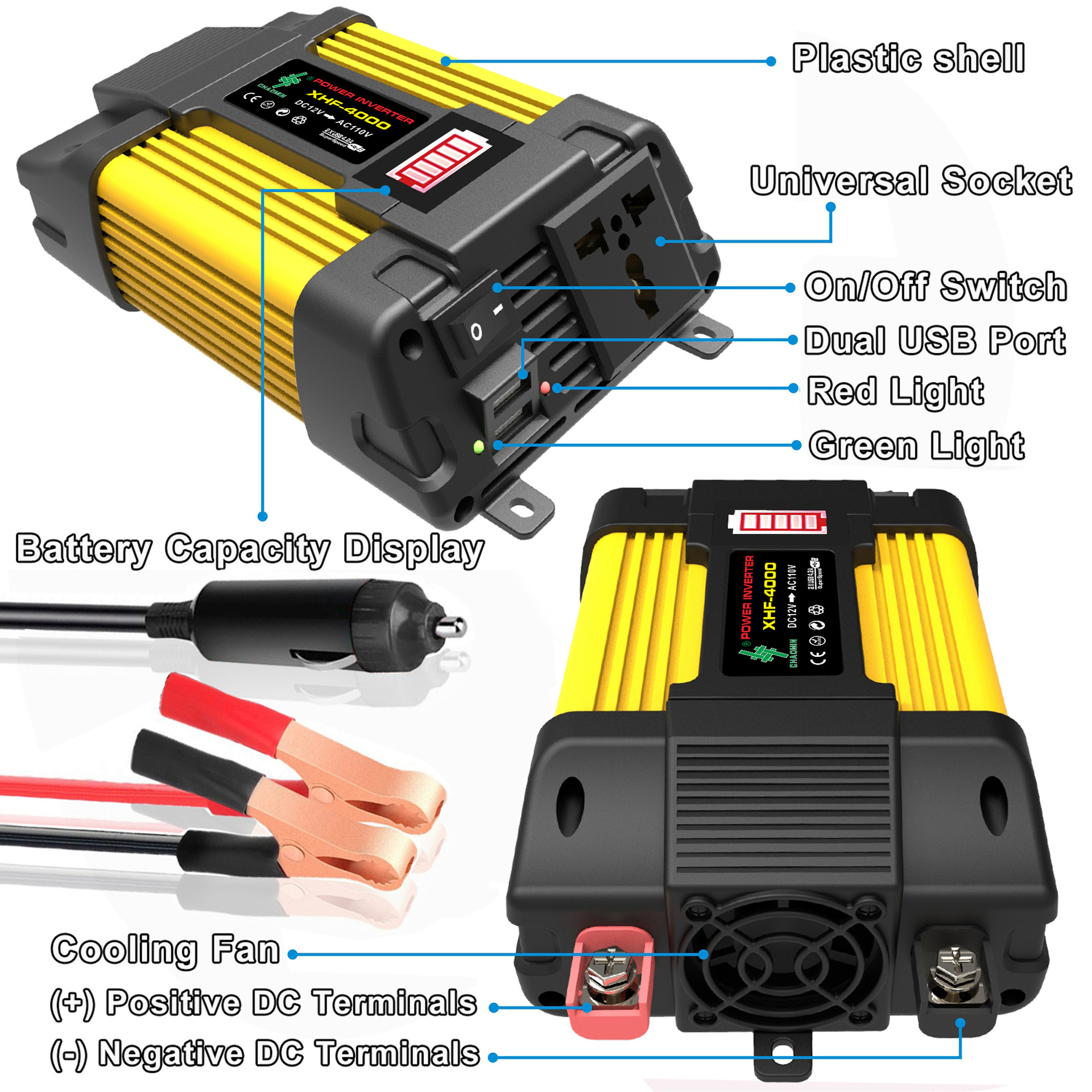 New 6000w 12v To 220v/110v Car Power Inverter Converter Charger Adapter Inversor Usb Led Display Transformer(blue/yellow)
