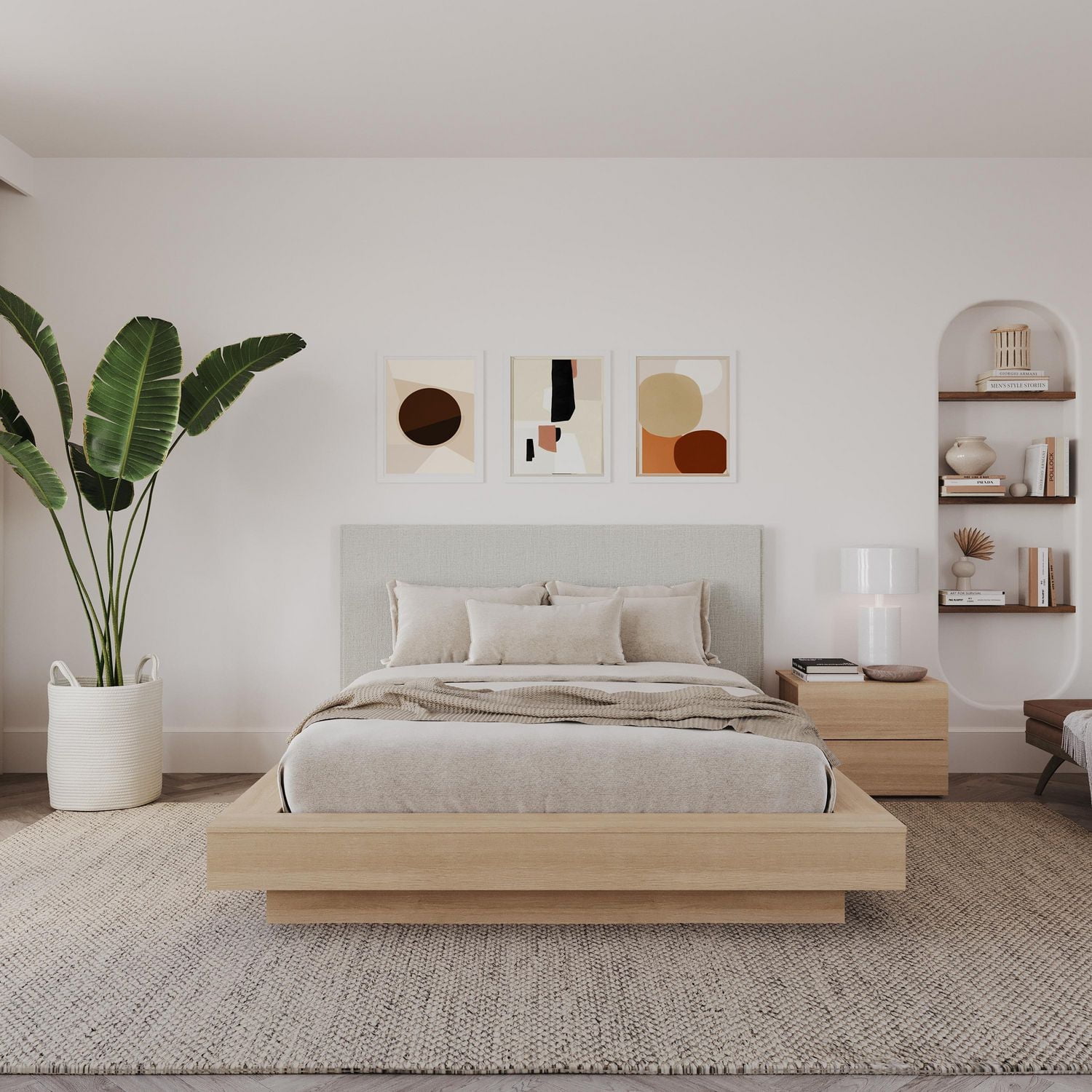 Julian 3 Piece Queen Size Bedroom Set with Platform Bed, Upholstered Headboard and Nightstand