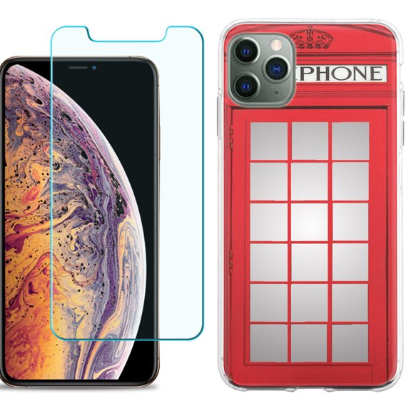 For Apple iPhone 11 Pro Max Phone Case , Slim-Fit TPU Case with Tempered Glass Screen Protector, by OneToughShield ® - Phone Booth Red