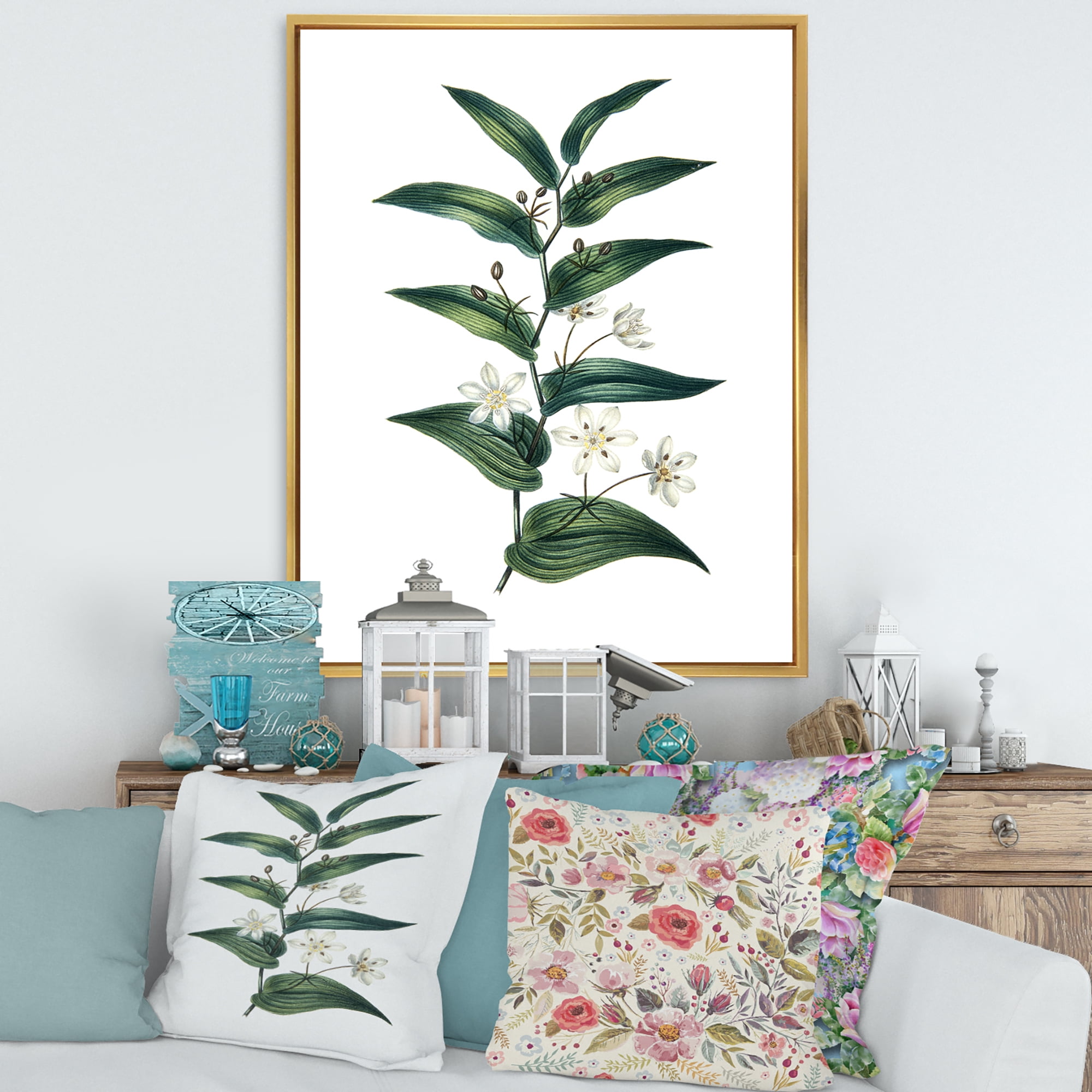 Designart 'Little White Flowers With Ancient Plant' Farmhouse Framed Canvas Wall Art Print