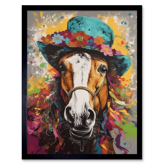 Horse Wearing a Flower Summer Hat Multicoloured Art Print Framed Poster Wall Decor 12x16 inch