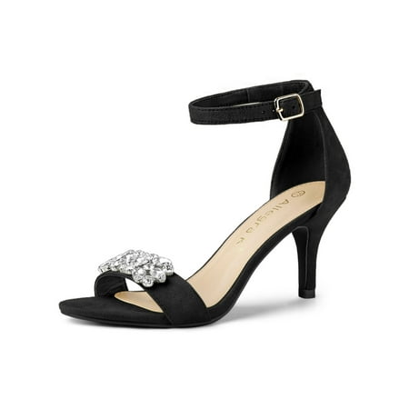 Black Spike Heel - Women's Rhinestone Open Ankle Strap Stiletto Heel Sandals Black (Size 9)