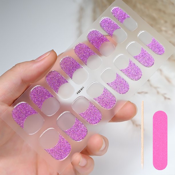 Parche de uñas de Gel semicurado francés blanco, pegatinas de uñas de Gel de cubierta completa, calcomanías adhesivas para lámpara UV, Parche de manicura, 16 puntas, #7