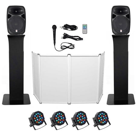 DJ Package w/Dual 15" Bluetooth Speakers+Mic+Tripod+Totem Stands+Facade+Lights