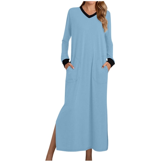 AherBiu Pyjamas pour Femmes à Manches Longues, Chemises de Nuit à Col en V Fendu, Vêtements de Nuit Confortables, Robes Longues avec Poches