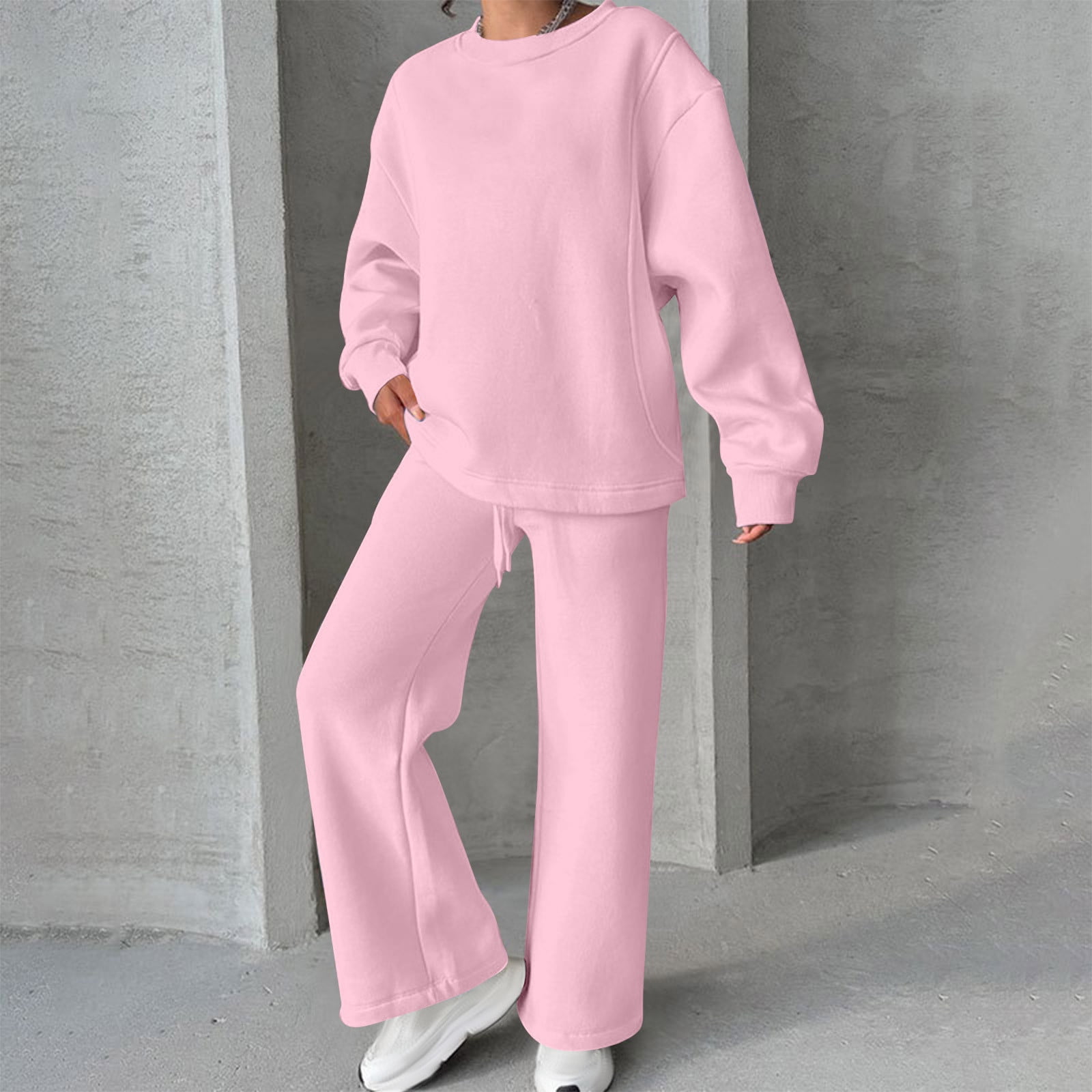 Women's 2 Piece Sweat Suit Jogger Set Tracksuit Solid Color Casual Loose Hoodie Sweatshirt and Pants Lounge Set