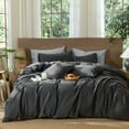 thumbnail image 3 of MooMee Wavy Striped Duvet Cover Set Queen 100% Washed Cotton Linen Like Textured Breathable 3-Piece (Charocal Grey, 90"x90"), 3 of 7