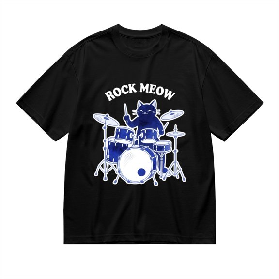 T Shirt for Men, Rock Meow,Cat Drum Print, Vintage Graphic Tees Men, 23985907,S