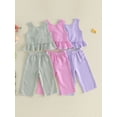 thumbnail image 3 of BemeyourBBs Toddler Baby Girl Summer Clothes Infant Baby Girl 2 Piece Summer Outfit Casual Striped Ruffled Hem V Neck Sleeveless Tank Tops and Wide Legs Pants 2 Pcs Set, 3 of 9