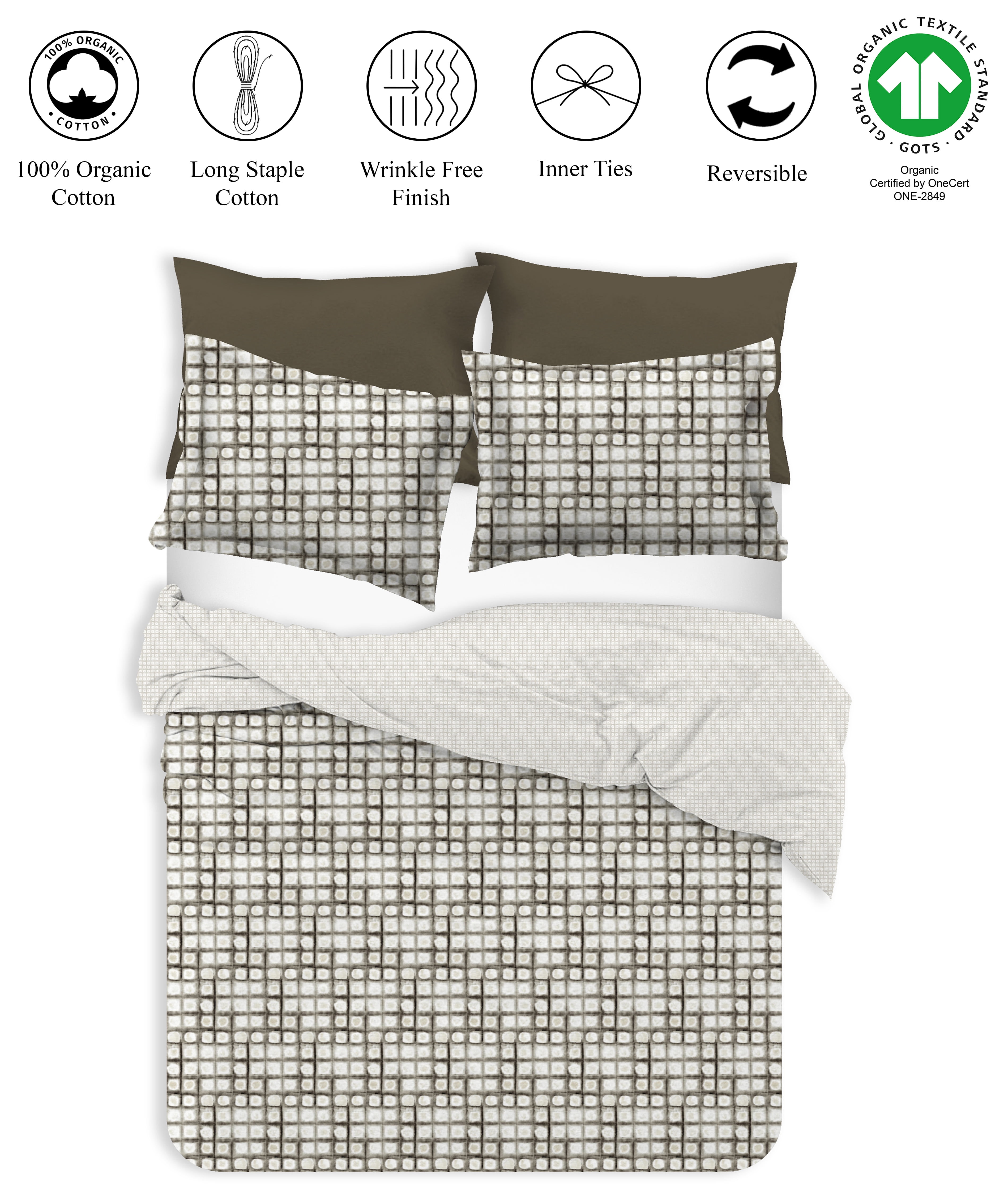 Delara GOTS Certified 100% Organic Cotton Shaded Check Reversible Print Duvet Cover and Sham Set of 2, Queen 88"X92", White/Brown