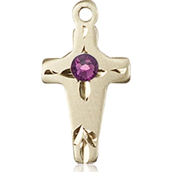 14kt Yellow Gold Cross Medal with 3mm February Purple Swarovski Crystal 5/8 x 1/4 inches