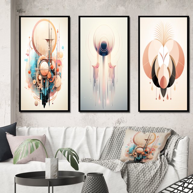 Designart "Boho Geometric Abstract Renaissance" Art Mural Moderne Encadré Ensemble de 3 - Cadre Abstrait Rose Ensemble de Murs pour Décoration Intérieure