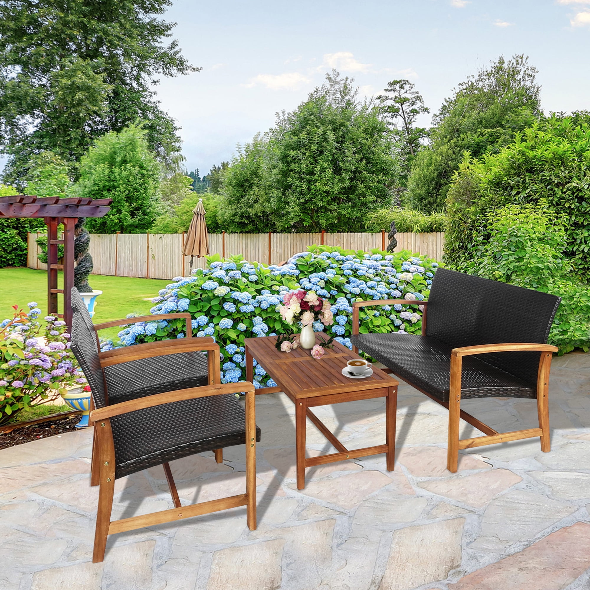 Gymax 8PCS Patio Conversation Set Outdoor Furniture Set w/ Acacia Wood Frame