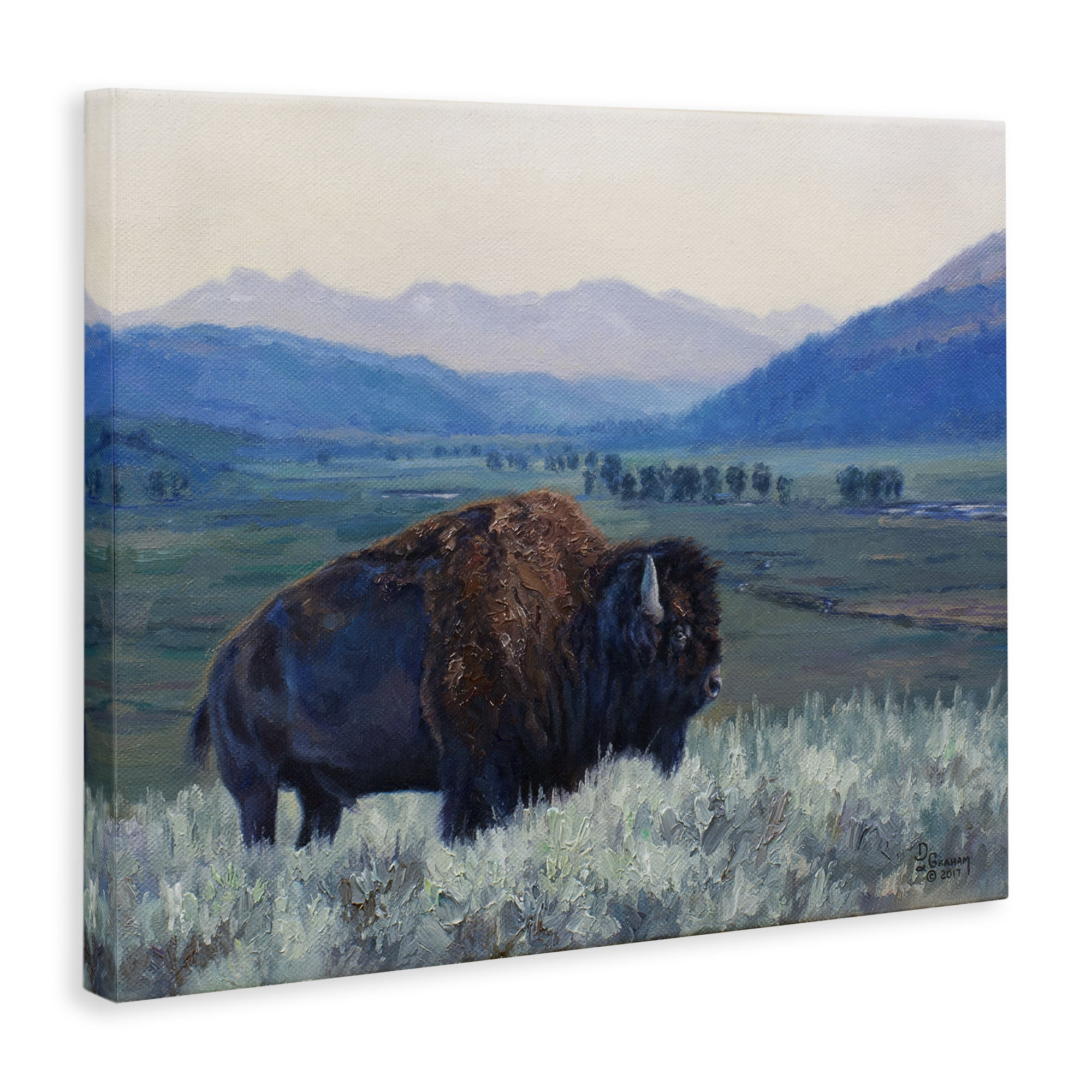 Stupell Industries Bison & Country Mountains Animals & Insects Painting Gallery Wrapped Canvas Art Print Wall Art, 30 x 24