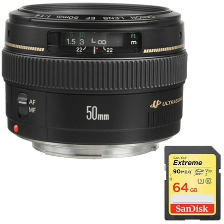Canon EF 50mm f/1.4 USM Standard & Medium Telephoto Lens for Canon SLR Cameras (2515A003) with 64GB Extreme SDXC UHS-I Memory (Best Standard Zoom Lens)