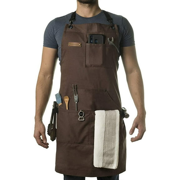 Multi Pocket Work Apron Cotton Canvas, Adjustable Cross Back Straps for BBQ, Cooking or Workshop Unisex
