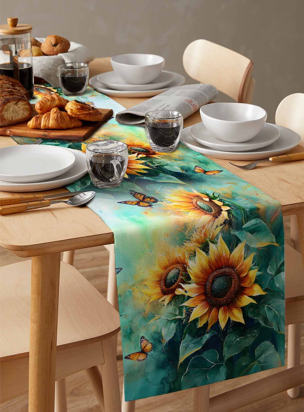 Table Runner Dresser Scarf 18 x 72 Inch Watercolor Sunflower Floral Butterfly Teal Green Leaf Table Runners Non-Slip Heat Kitchen Dining Table Decor for Indoor Outdoor Home Party Decoration