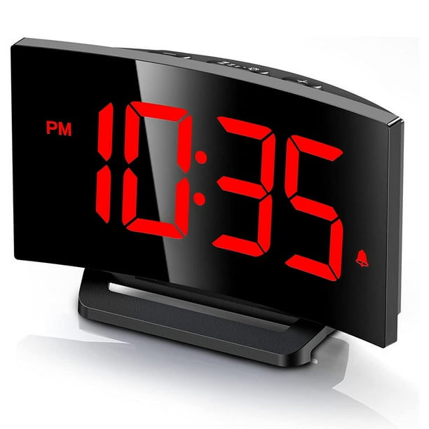 Reloj despertador digital para dormitorio, reloj digital de diseño curvo moderno, dígitos LED blancos visibles, 5 niveles de brillo + apagado, 2 volúmenes, 3 tonos de alarma, memoria de apagado, 12/24 horas 1 pieza JM