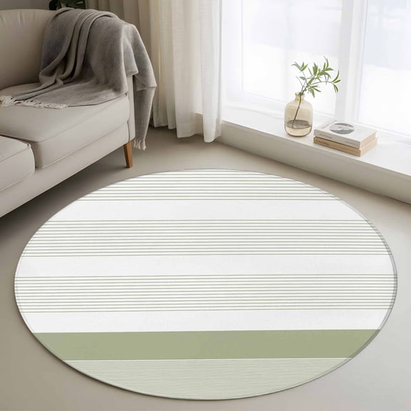 Sage Green Stripe Round Area Rug 4 FT, Non Slip Indoor Outdoor Rug, Modern Rustic Horizontal Green Striped Washable Soft Circular Carpet Non-Shedding Floor Mat for Coffee Table Nursery Foyer Balcony
