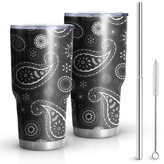 30oz Black Paisley and Floral Pattern Tumblers Stainless Steel Tumbler with Lid and Straw,Vacuum Insulated Double Wall Travel Tumbler Cups Mug with Cleaning Brush for Coffee,Tea