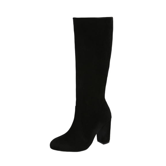 Black Women'S Stylish Warm Boots With Thick Heel And Thick Sole For Fall And Winter Mid-Calf Wear