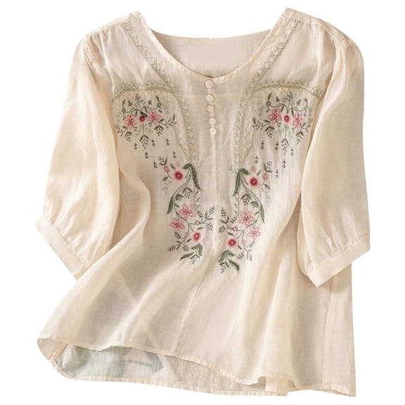 Vintage Floral Embroidered Half Sleeve Top for Women Loose Fit, Versatile, Casual Blouse, Comfortable, Multiple Sizes