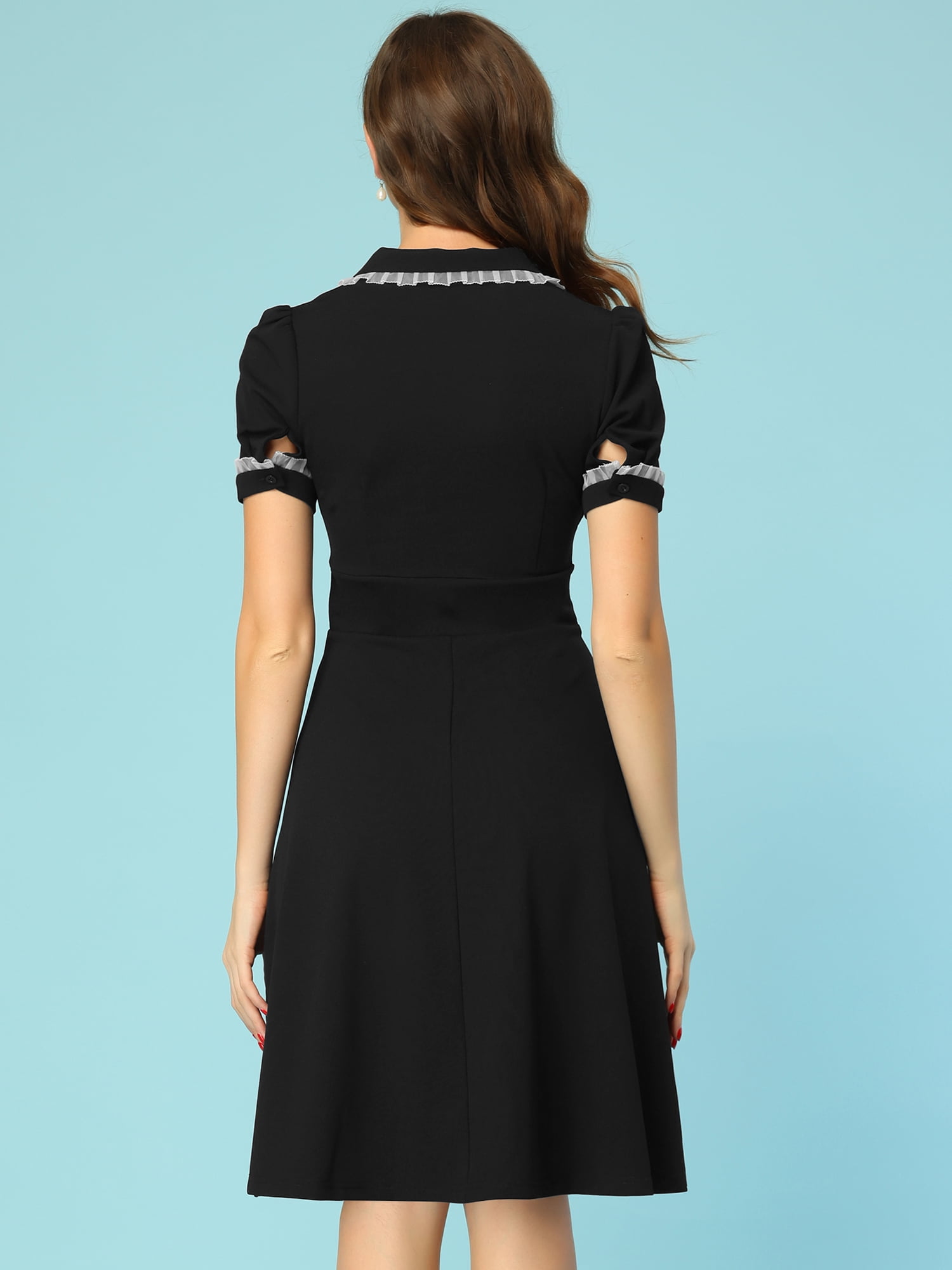 Unique Bargains Women's Ruffled Peter Pan Collar Midi Dresses S Black