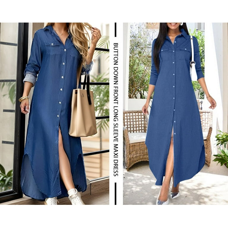 Wataxii Women Dresses Long Sleeve Maxi Dress for Women Beach Casual Shirt Dress Long Dresses Button Front Flowy Denim Dresses