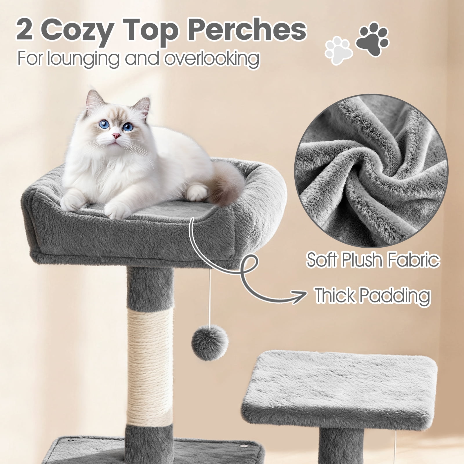 Gymax 66'' Tall Cat Tree w/2 Condos Sisal Scratching Posts Plush Perch Hammock Basket Light Gray