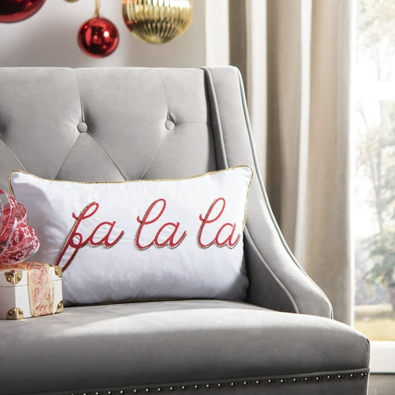 SAFAVIEH Fa La La Christmas 12" x 20" Decorative Holiday Pillow, Ivory/Red