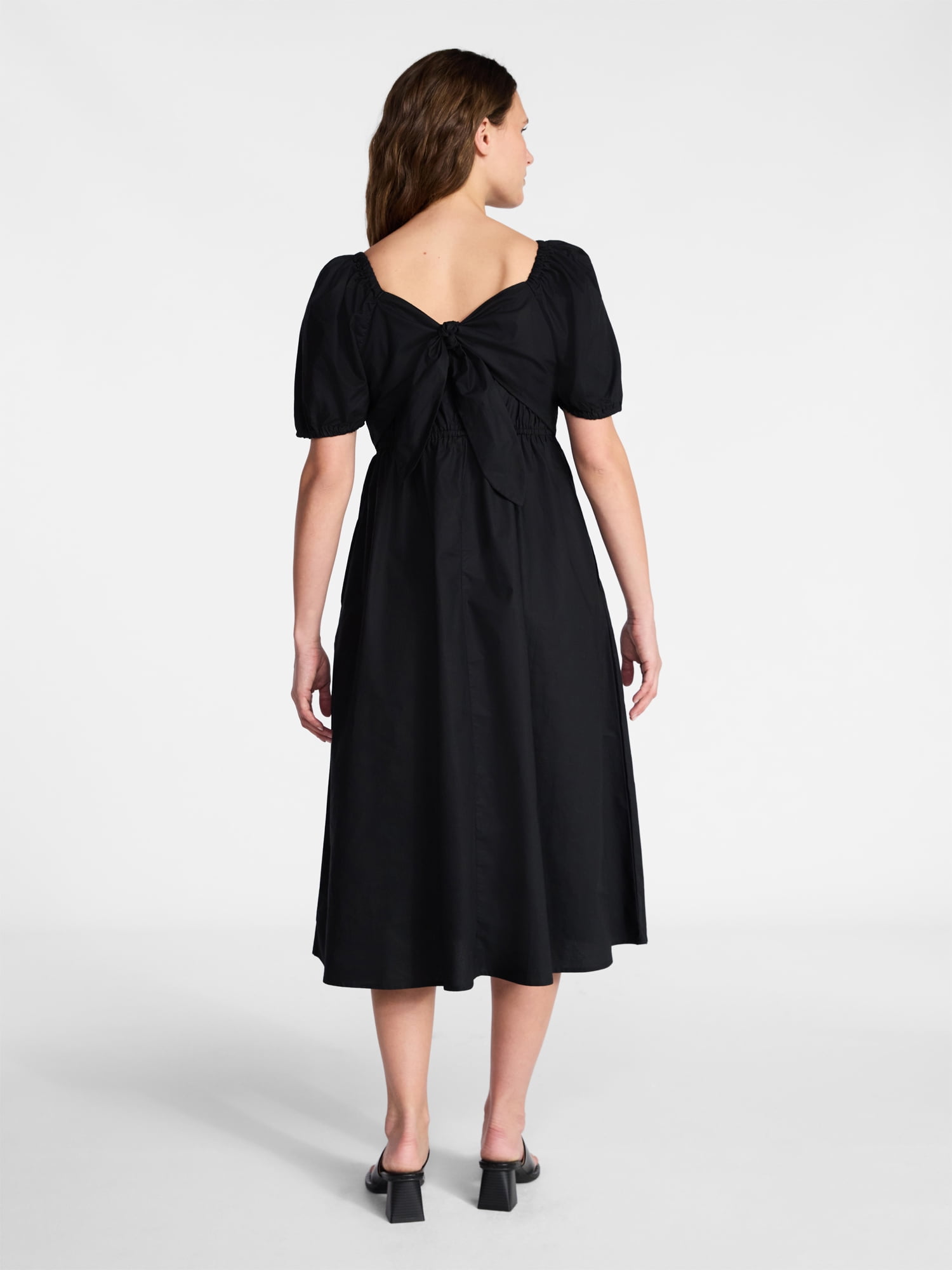 Time and Tru Women's and Women's Plus Cotton Back Tie Midi Dress with Short Puff Sleeves, Sizes XS-4X